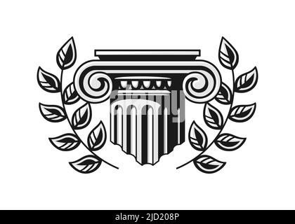 Antique column pillar pedestal with wreath. Law firm vector logo. Architectural element. Isolated on a white background Stock Vector