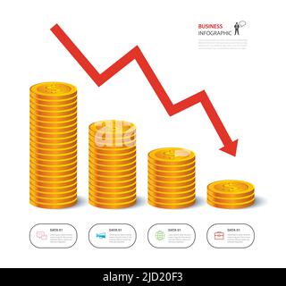 Inflation and the economic crisis. Red arrow on the chart is pointing down on the stacks of coins. Stock Vector