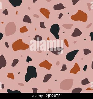 Seamless vector pattern with terrazzo texture on pink background. Simple artistic mosaic grid wallpaper design. Decorative fashion textile. Stock Vector