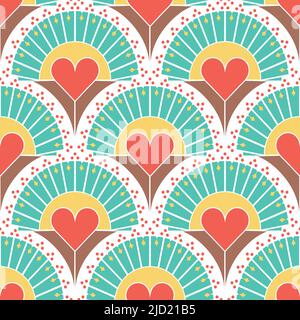 Seamless vector pattern with retro love hearts on white background. Simple vintage Valentines day wallpaper design. Decorative fan fashion textile. Stock Vector