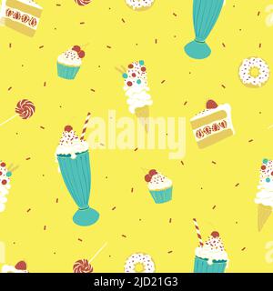 Seamless vector pattern with ice cream, cupcakes and donuts on bright yellow background. Stock Vector