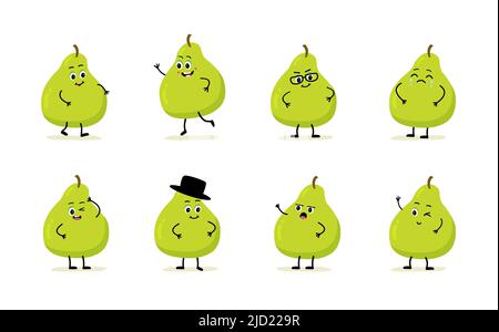 pear character with funny face. Happy cute cartoon  emoji set. Cute and funny comic style. Flat cartoon. pear vector illustration isolated on white ba Stock Vector