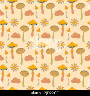 Cute Mushrooms 70s style seamless pattern. Boho retro 1970s Stock Vector