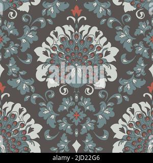 Seamless vector pattern with damask peacock on grey background. Romantic baroque wallpaper design with blue bird. Victorian style fashion textile. Stock Vector