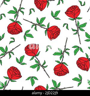 Seamless vector pattern with red roses on white background. Simple romantic floral wallpaper design. Decorative valentines fashion textile. Stock Vector