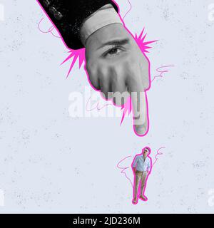 Contemporary art collage. Conceptual image. Giant human hand with eye pointing at young man, making control over actions Stock Photo