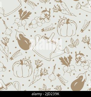 Seamless vector pattern with vegetables doodle on off white background. Simple summer garden wallpaper design. Decorative organic fashion textile. Stock Vector