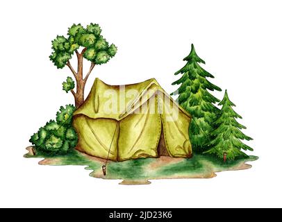 https://l450v.alamy.com/450v/2jd23k6/camping-watercolor-illustration-the-tent-stands-in-a-clearing-near-the-forest-for-the-design-of-design-compositions-on-the-theme-of-tourism-hiking-2jd23k6.jpg