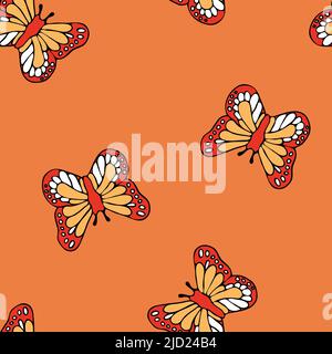 Seamless vector pattern with butterflies on orange background. Simple summer wallpaper design. Romantic vintage fashion textile. Stock Vector