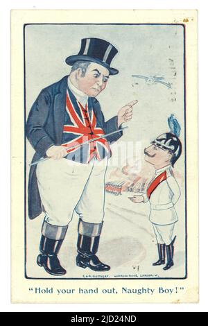 Original WW1 era satirical comic cartoon postcard, Anti-Kaiser propaganda - John Bull wearing a Union Jack waistcoat admonishing Kaiser Wilhelm II,  ((last German emperor and King of Prussia of the German Empire) and administering a cane. 'Hold your hand out you naughty boy' the caption says. There is a plane flying between the men. Postcard published by C. & H. Gurnsey, Harrow Road, London, Gurnsey Series, dated, posted 20 July 1915 Stock Photo