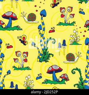 Seamless vector pattern with colourful mushrooms on yellow background. Bright magic forest wallpaper design. Fantasy landscape fashion textile. Stock Vector