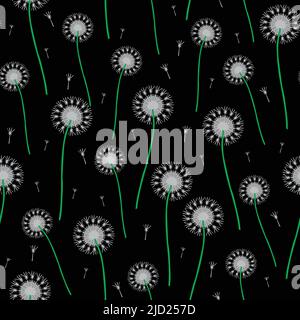 Seamless vector pattern with gentle dandelions on black background. Beautiful decorative floral wallpaper design. Flower blossom fashion textile. Stock Vector