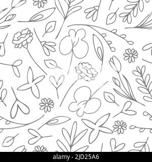 Seamless vector pattern with flowers and leaves on white background. Simple liner art wallpaper design. Sketch hand drawn pencil art. Stock Vector