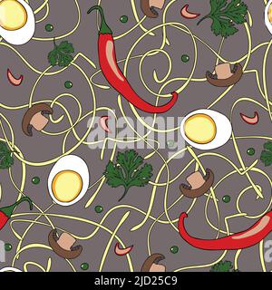Seamless vector pattern with noodle soup on grey background. Healthy food wallpaper design for kitchen. Stock Vector
