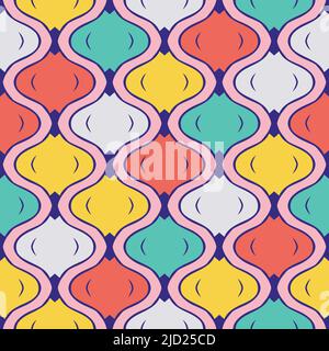 Seamless vector pattern with geometrical texture on pink background. Simple happy summer wallpaper design. Decorative bright mosaic fashion textile. Stock Vector