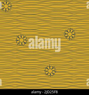 Seamless vector pattern with flowers on yellow background. Simple striped floral wallpaper design with daisy. Line art textured fashion textile. Stock Vector