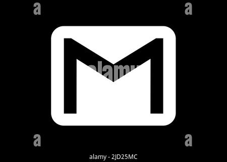 Envelope. Gmail. Gmail social network logo design in white on a black background. Social network. Illustrative design. Illustration Stock Photo