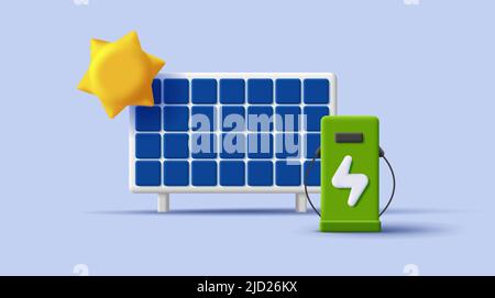 Solar energy system with station and sun icon, 3d modern illustration. Vector illustration Stock Vector