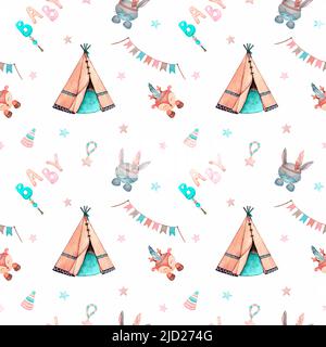 Seamless pattern in children's boho style. Children's wigwams for games, cute bunnies, deer and toys.  Design for wallpaper, fabric, textile, print. Stock Photo
