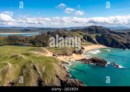 Aerial view of the Murder Hole beach, officially called Boyeghether Bay in County Donegal, Ireland. Stock Photo