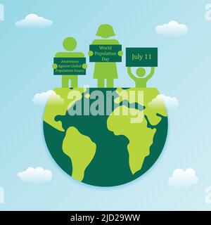 World Population Day Stick Figure holding letter card around Earth Poster. Graphic resource Typography. July 11 vertical banner vector illustration Stock Vector