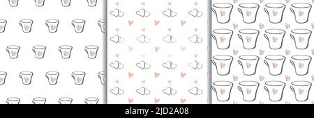 LOVE coffee seamless pattern, collection of 3. Hand drawn doodle cup, heart shapes. Diagonal, vertical geometrical grid. Tender pastel grey pink color Stock Vector