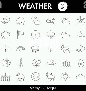 Black Linear Style Weather 30 Icons Pack. Stock Vector