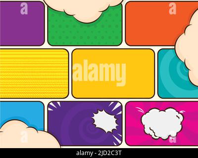 Mock-Up Of Typical Comic Book Page With Clouds On Colorful Background. Stock Vector