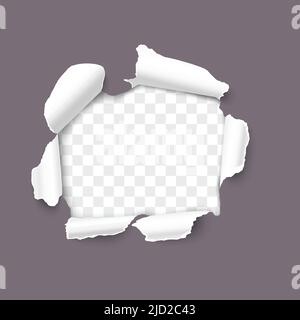 Torn paper realistic vector background. Hole in the sheet of paper on a transparent background Stock Vector