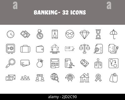 Black Line Art Set Of Banking Icons In Flat Style. Stock Vector