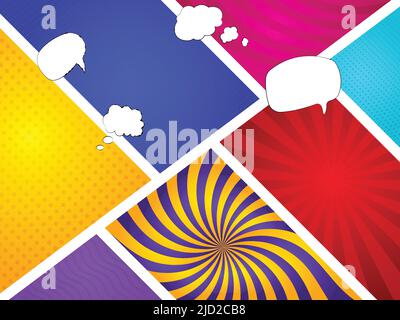 Mock-Up Of Typical Comic Book Page With Various Speech Bubbles On Colorful Background. Stock Vector