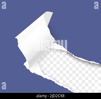 Torn hole of lower right corner of blue sheet with paper curl and transparent background of the resulting window. Realistic vector template paper design. Stock Vector