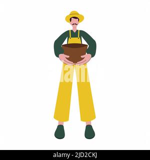 Cartoon Farmer Man Holding Pot In Standing Pose Against White Background. Stock Vector