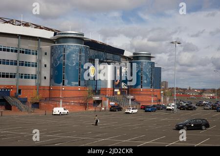 Views of exterior of Hampden Park, Scotland’s National Stadium, in Mount Florida, in Glasgow, Scotland, 7 April 2022.   N55°49.482' W4°15.241' Stock Photo