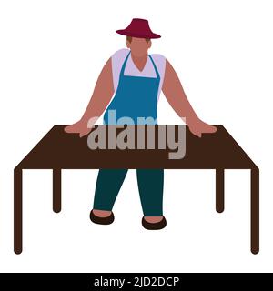 Faceless Grocery Male Worker Standing With Brown Table On White Background. Stock Vector