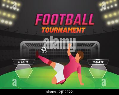 Football Tournament Concept With Faceless Footballer Player Kicking Ball And Participating Team A VS B On Stadium View Background. Stock Vector