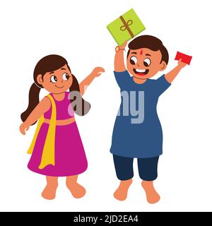 Cheerful Girl Trying To Snatch Gift Box With Envelope From Boy On White Background. Stock Vector