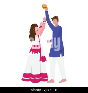 Faceless Indian Young Girl Trying To Snatch Gift Box From Her Brother On White Background. Stock Vector