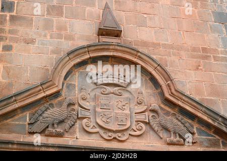 Relief on the Facade of Cathedral Basilica of the Assumption of the Virgin or Cusco Cathedral, Historic Center of Cusco, Peru, South America Stock Photo