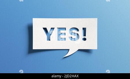 Yes sign showing positive answer, joy, agreement, celebration, affirmative decision or determination. Word yes on cutout paper speech buble on blue ba Stock Photo