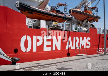 Proactiva Open Arms search and rescue ship docked in Barcelona, Spain. Stock Photo