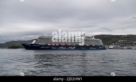 Cruise ship Mein Schiff 4 departing from the port of Bergen, Norway. Stock Photo