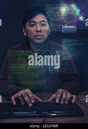 Shot of a young man looking up at messages on a virtual screen - ALL design on this image is created from scratch by Yuri Arcurs team of professionals Stock Photo