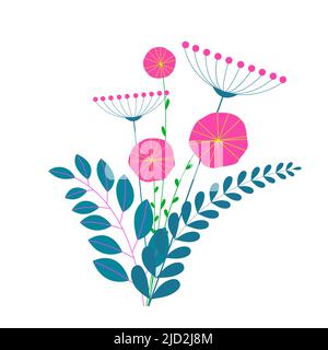 Bouquet of leaves, summer and spring flowers isolated on white background. Trendy flat style plants. Vector nature botanical elements. Stock Vector