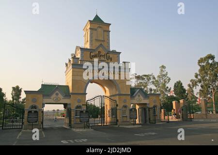 Front entrance arch to Gold Reef City Theme Park, Johannesburg, Gauteng, South Africa. Stock Photo