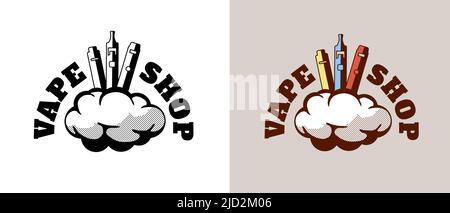 Vape shop vintage retro style logo set. Hipster cartoon vaporizers with smoke cloud and lettering. Electronic cigarette store logotype. E-cigarette vaping seller badge vector eps design template Stock Vector