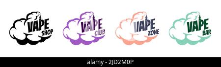 Vape shop vintage comic style logo set. Hipster cartoon vaporizer smoke cloud with lettering. Electronic cigarette store logotype. E-cigarette vaping seller badge vector eps design template Stock Vector