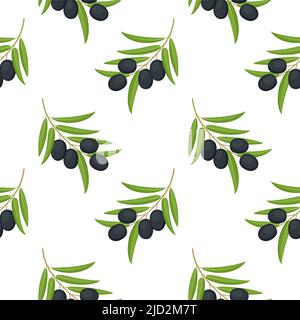 Seamless pattern with black olives on branch. Vector illustration Stock Vector