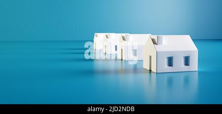 Real estate concept with houses to buy. Searching property, homes for sale, mortgage, transaction. Minimalist models on blue background. Stock Photo