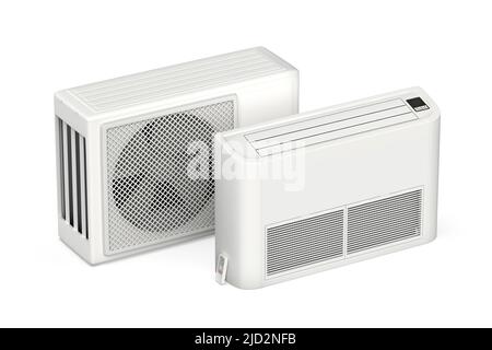 Floor mounted air conditioner with remote control and outdoor unit Stock Photo